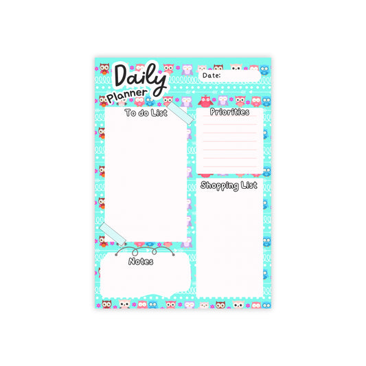 Daily Planner Owl Checklist Post-it Note Pad — To-Do, Priorities, Shopping & Notes Organizer