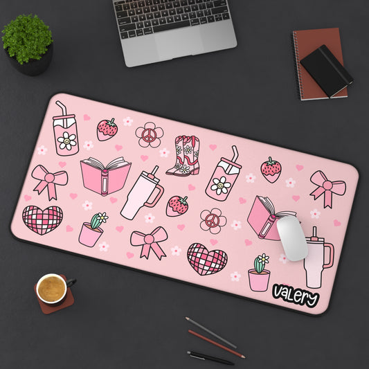 Pink Aesthetic Desk Mat – Personalized Name | Pink Cowgirl Boots, Books, Bows & Blossoms Design