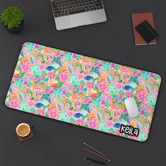 Personalized Cute Neon Colors Tropical Floral Desk Mat | Cute Desk Pads