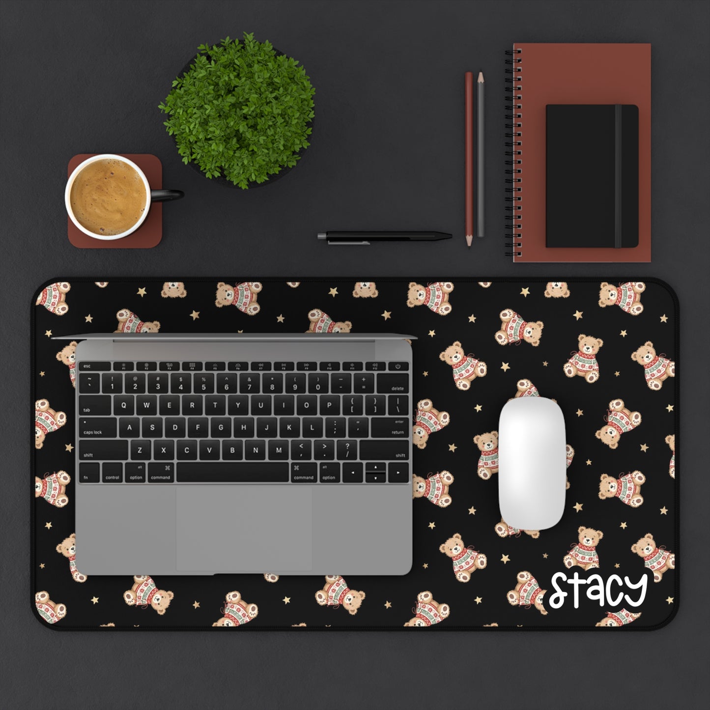 Cute Holiday Teddy Bear Desk Mat with Personalization for Cozy Workspaces