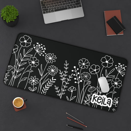 Personalized Black and White Flowers Desk Mat | Cute Desk Pad