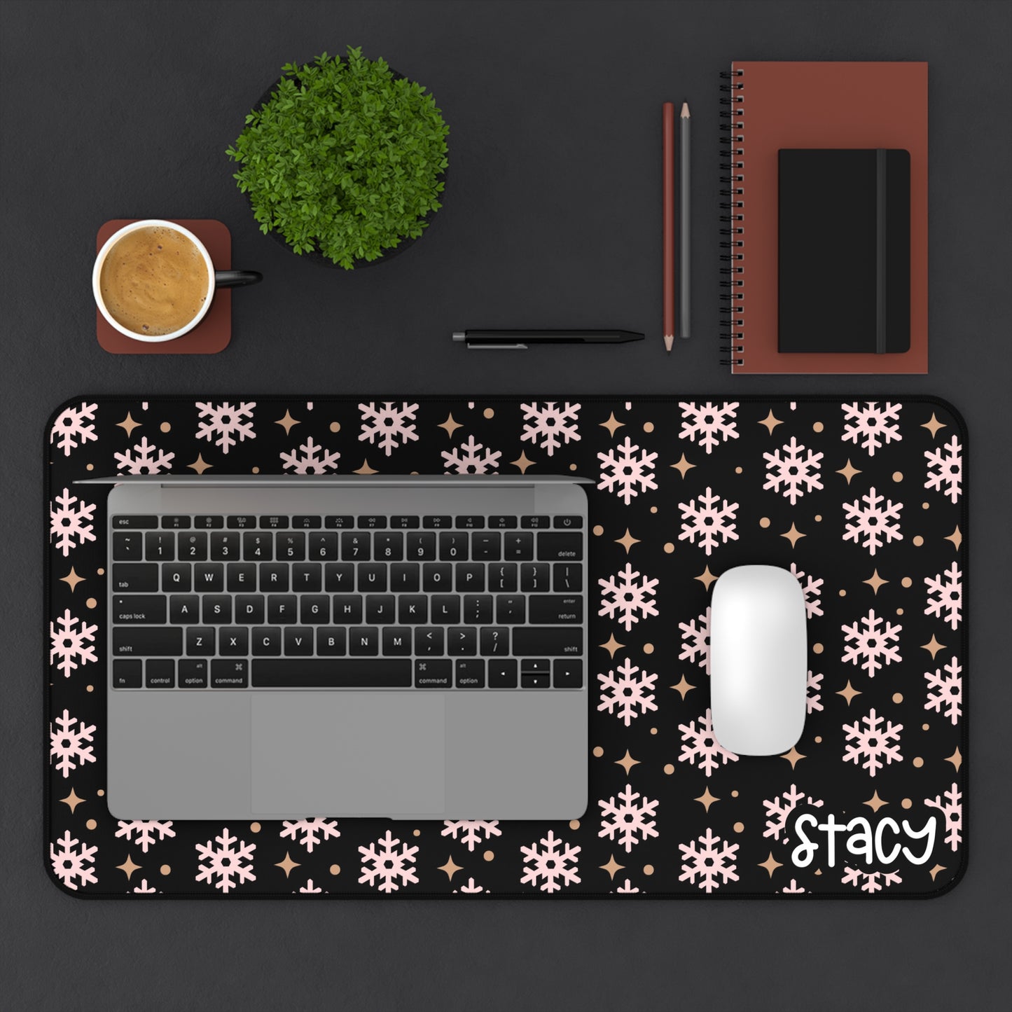 Pink Winter Snowflake Desk Mat for Home Office (black background)