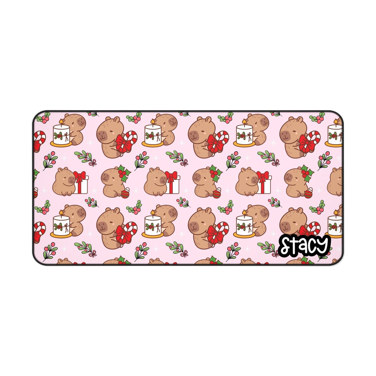 Cute Christmas Capybara Desk Mat (pink) with Personalization