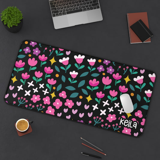 Personalized Cute Black and Pink Floral Desk Mat | Cute Desk Pads