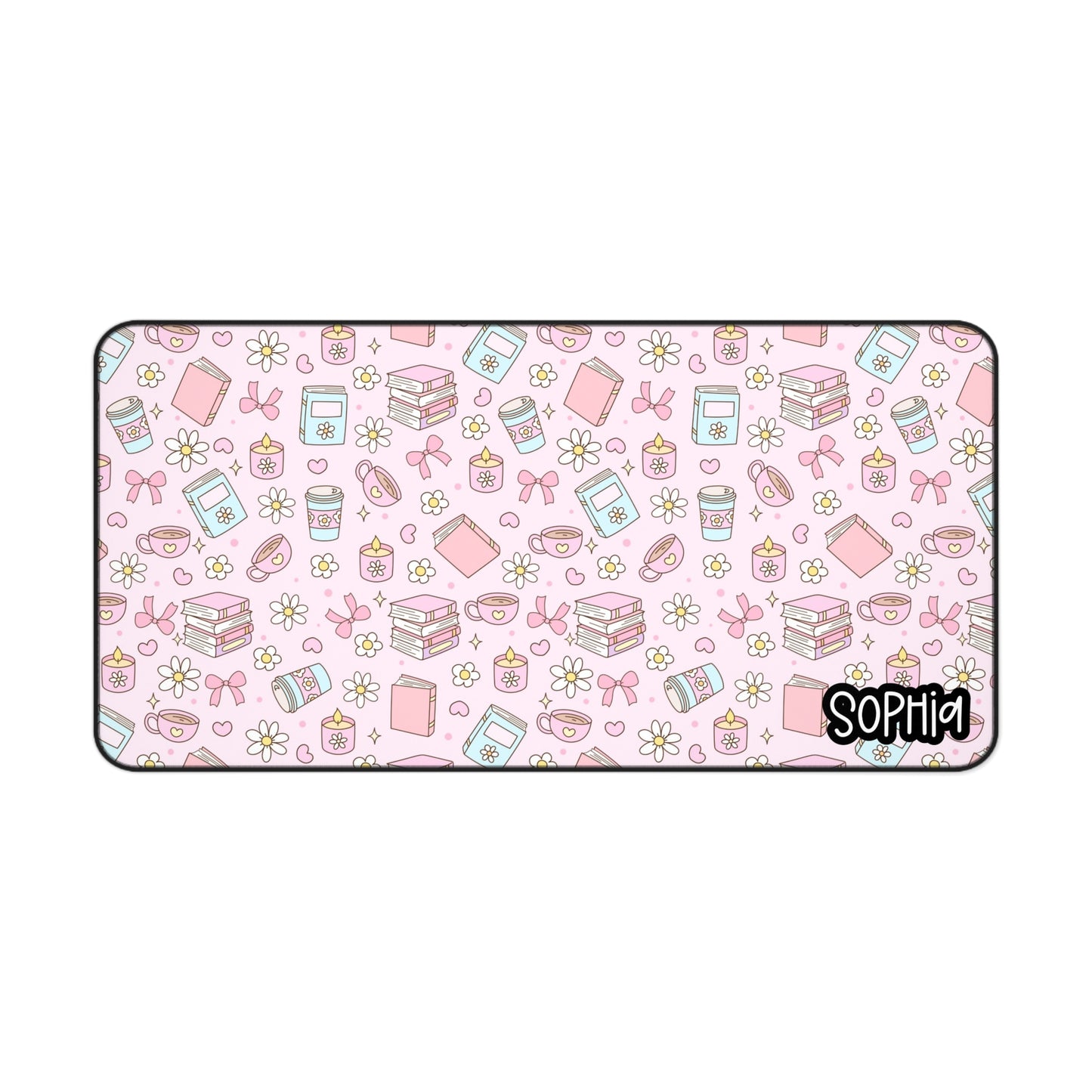 Soft Pink Bookish Girl Desk Mat | Pastel Study Desk Mat — Cute Pink Stationery Pattern with Custom Name