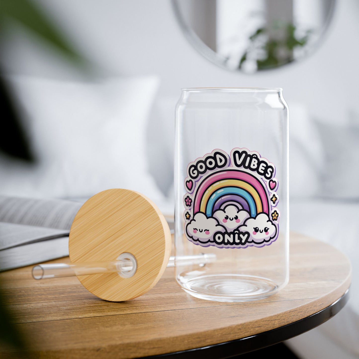 Good Vibes Only Glass Cup, 16oz | With Lid & Straw