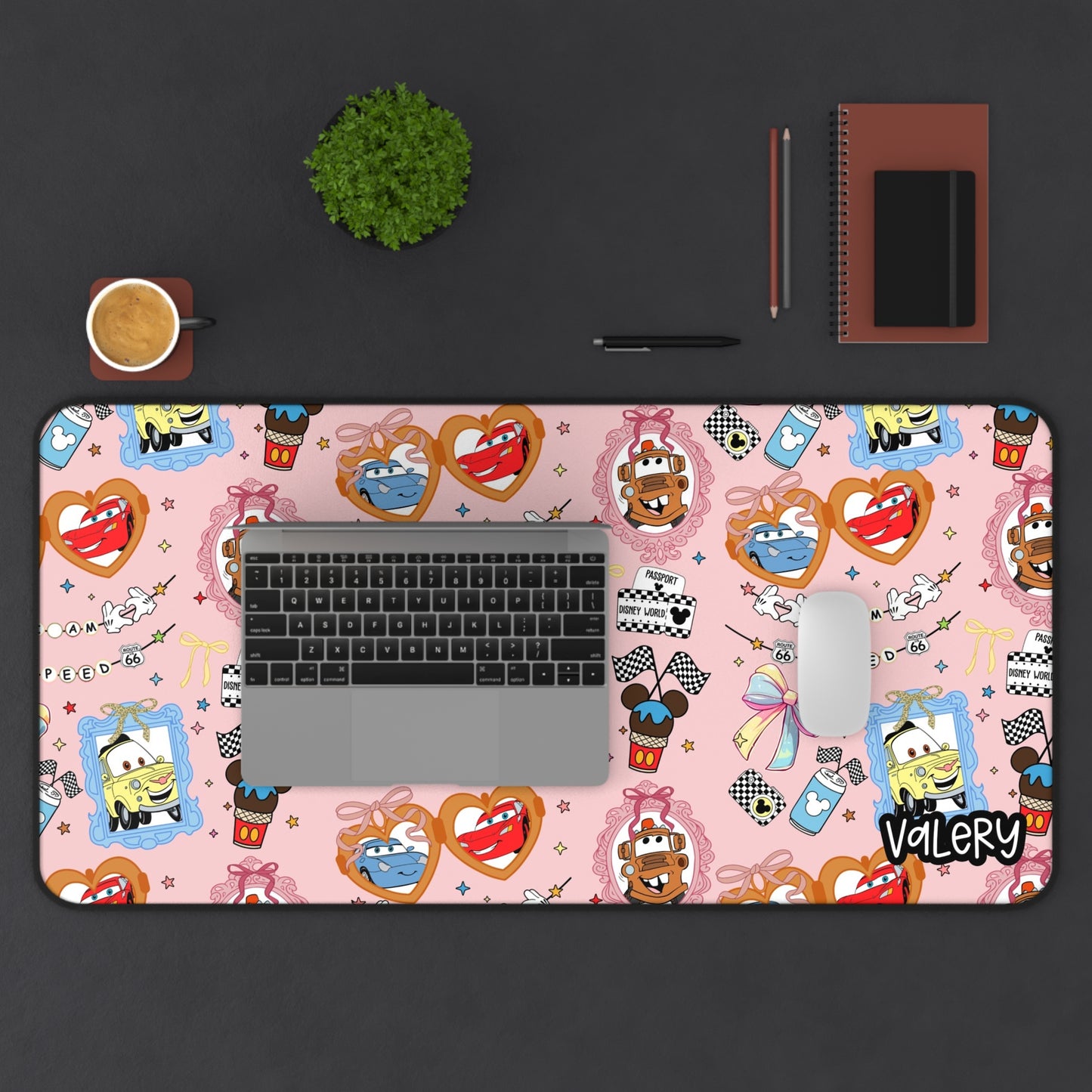 Coquette Cars Pink Pattern Desk Mat | Cute Cars Mousepad | Cute Lightning & Friends Desk Mat