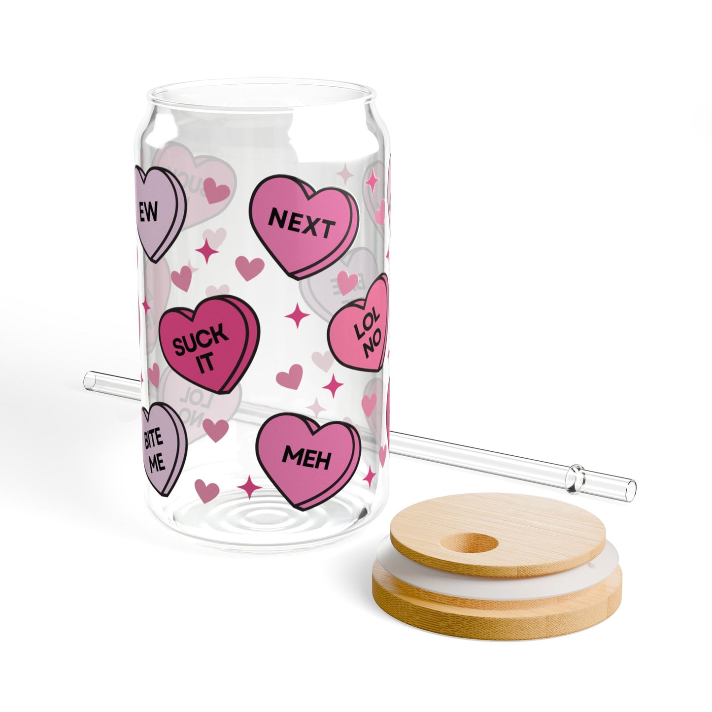 Valentine’s Glass Cup, 16oz | With Lid & Straw