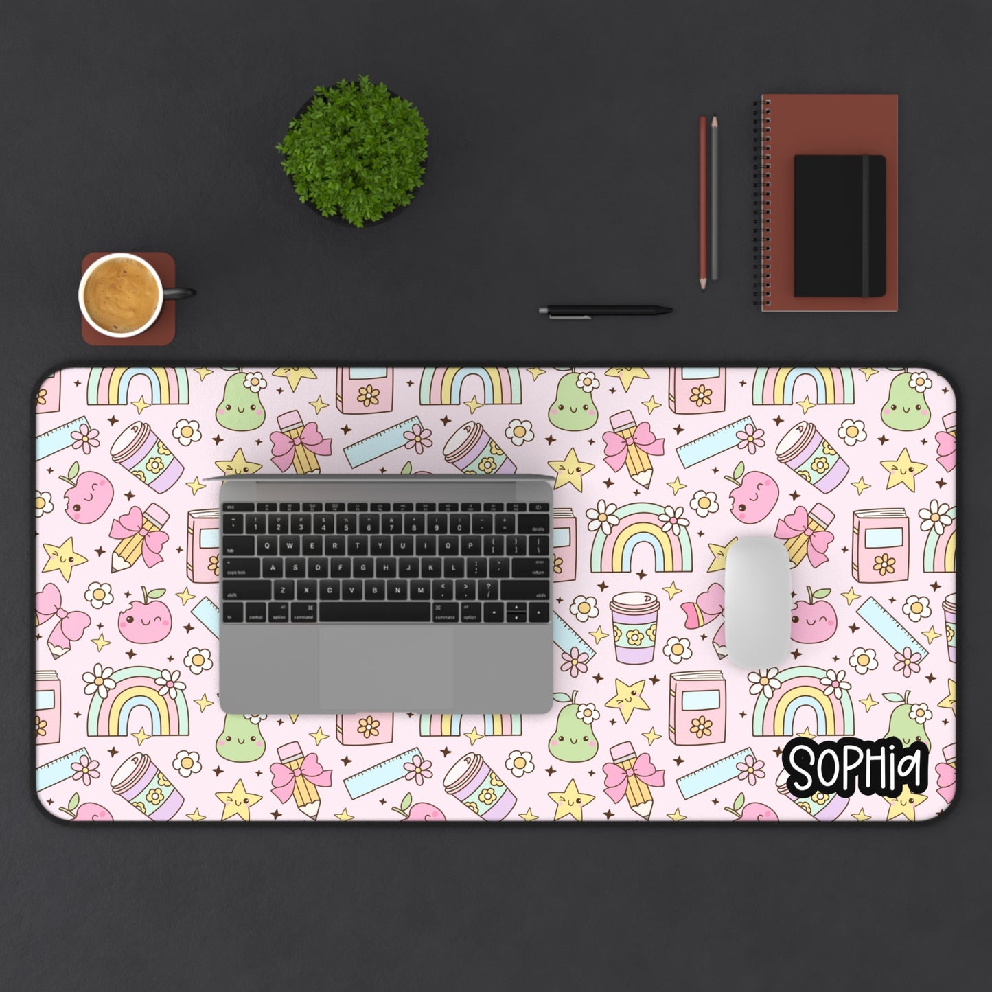 Soft Girl Era Teacher Desk Mat | Soft Pink Teacher Desk Mat | Pastel Kawaii Desk Mat - Cute Rainbows & Stars Personalized Mousepad