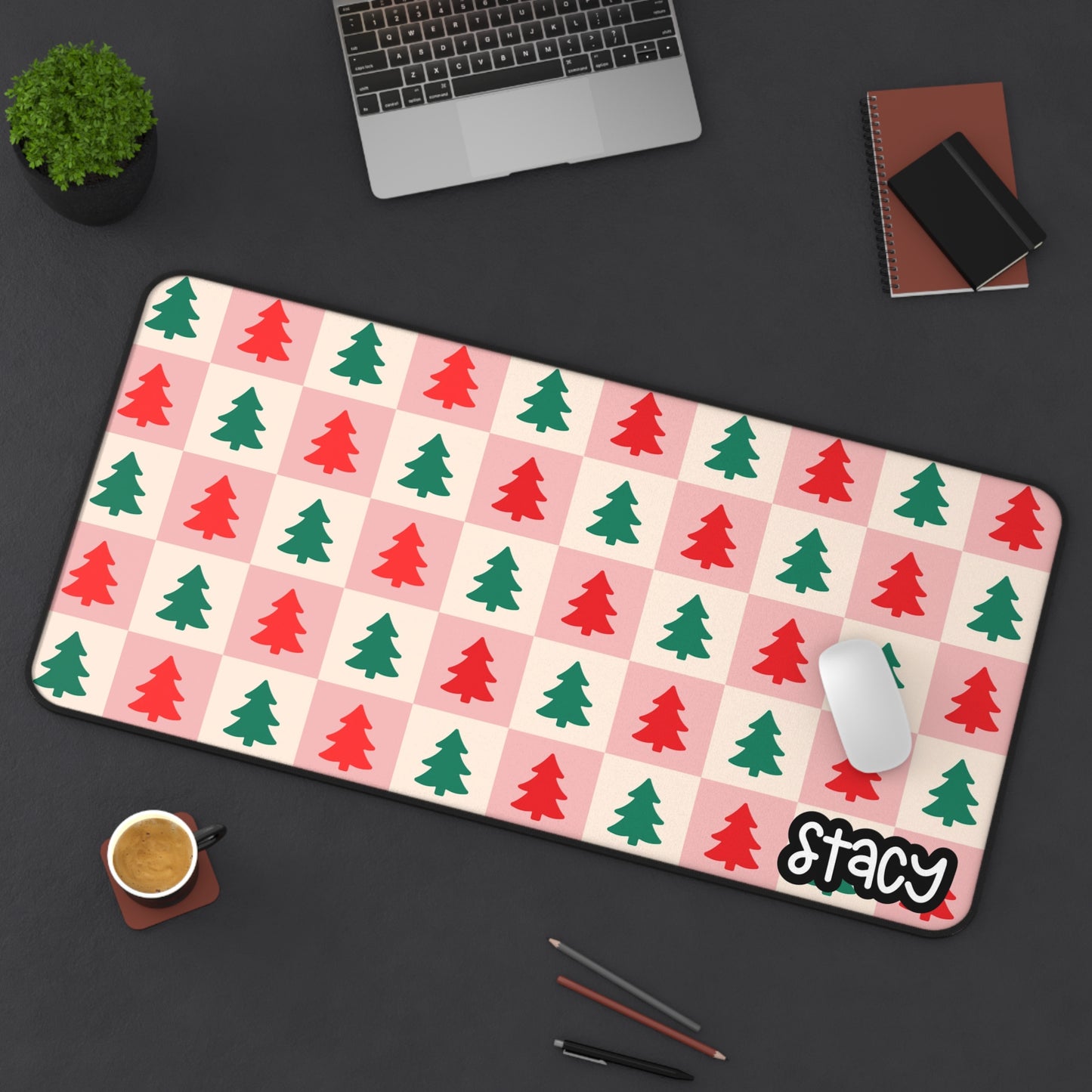 Retro Christmas Desk Mat | Checkered Christmas Tree Desk Mat