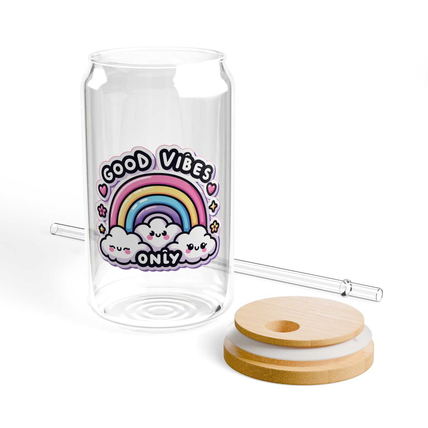 Good Vibes Only Glass Cup, 16oz | With Lid & Straw