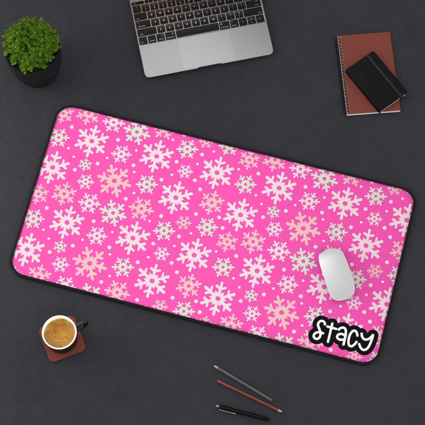 Pink Snowflakes Desk Mat
