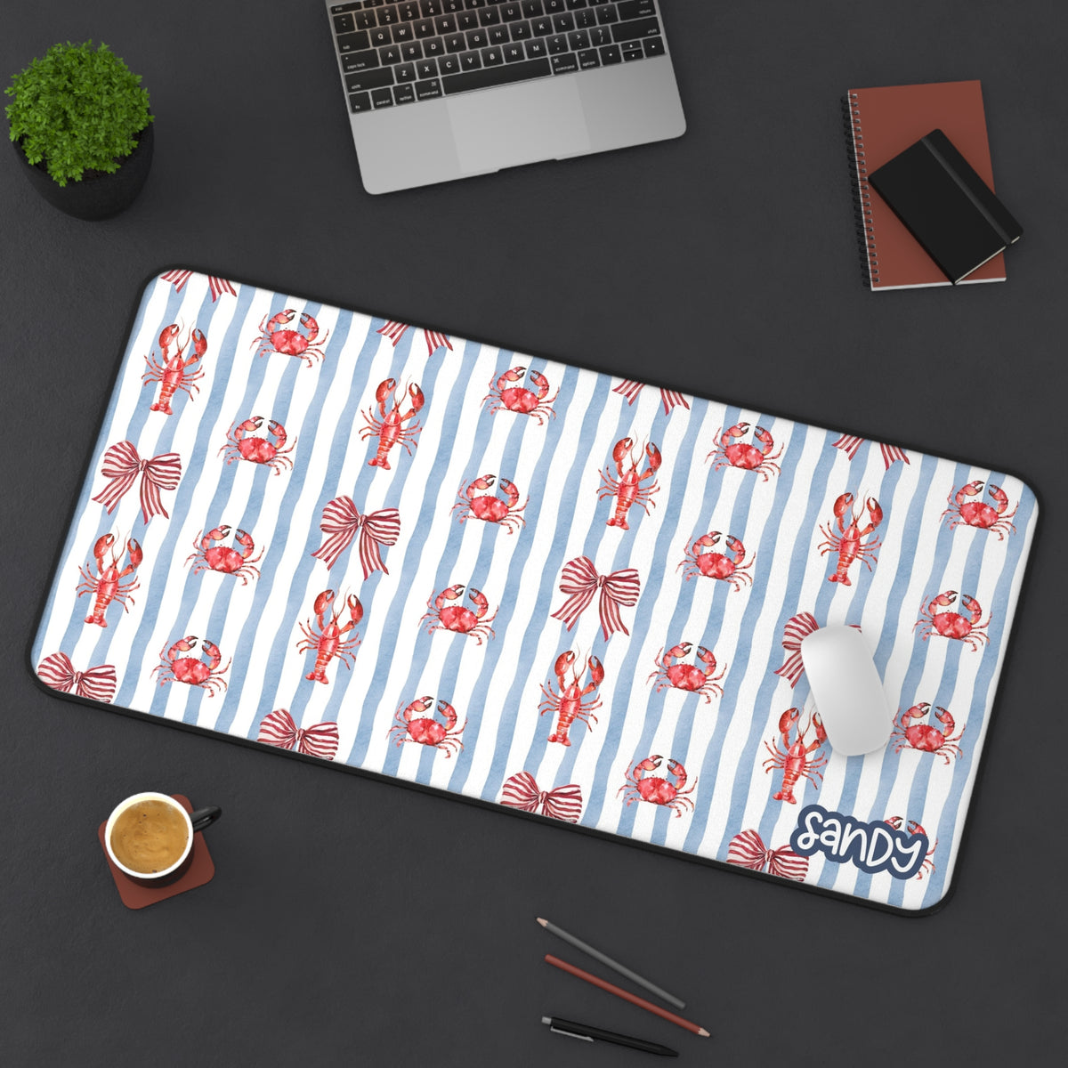 Coastal Desk Mat | Nautical Crab & Lobster Striped Desk Mat — Coastal Office Mouse Pad