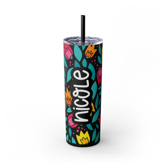 Personalized Floral Skinny Tumbler with Straw, 20oz