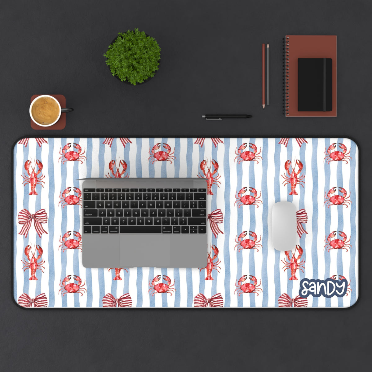 Coastal Desk Mat | Nautical Crab & Lobster Striped Desk Mat — Coastal Office Mouse Pad