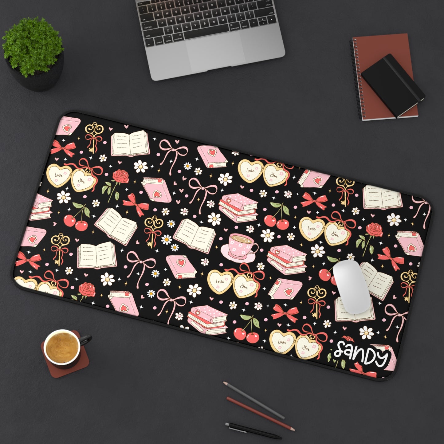 Bookish Cherry Desk Mat (black) — Pink Hearts, Tea & Reading Pattern Mouse Pad