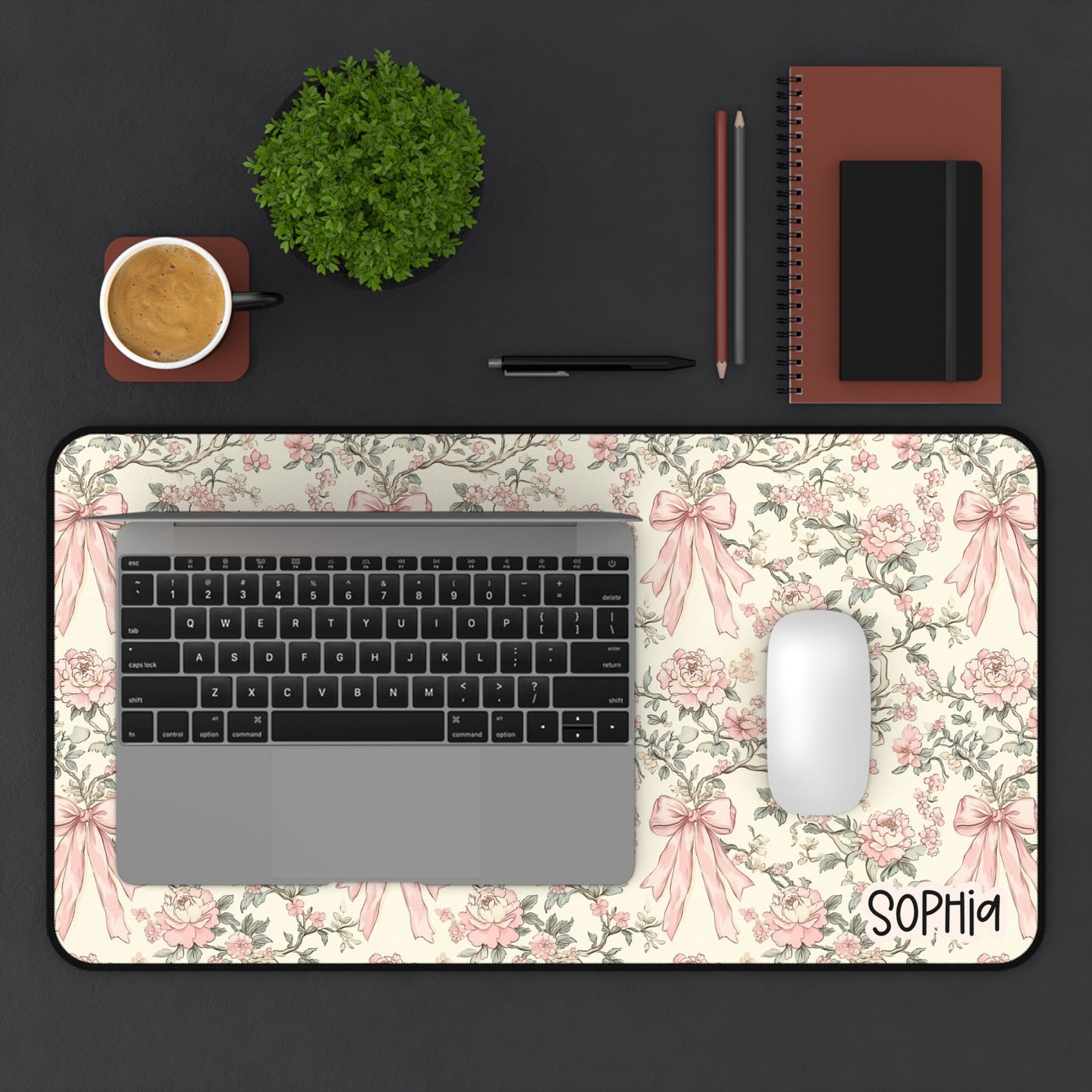 Floral Pink Bow Desk Mat — Personalized Vintage Chic Mouse Pad