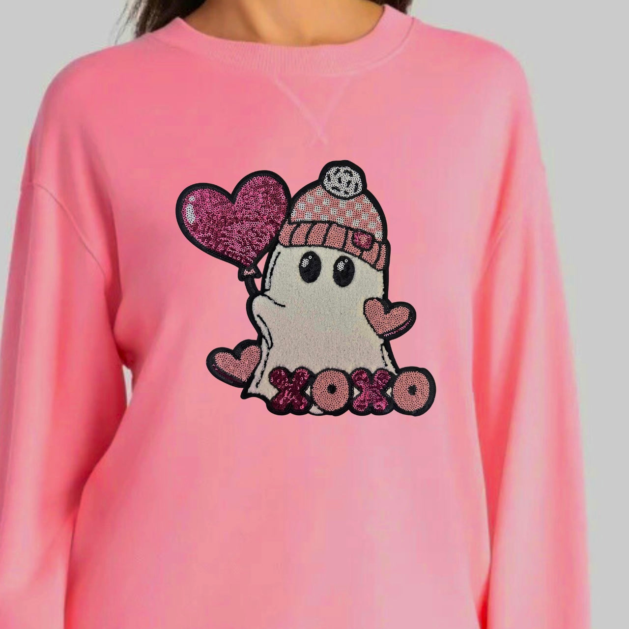 Cute Puffy  Patch Ghosty Pink Sweatshirt Relax Fit