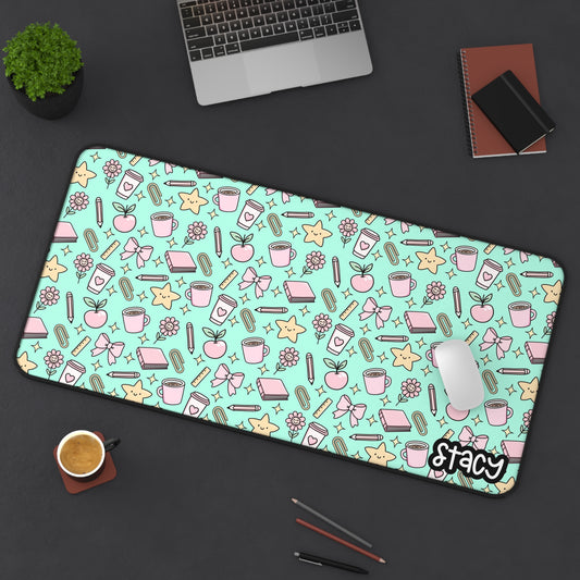 Cute Teacher Desk Mat Teal, Charming Desk Mat with Cute Stationery Design, Office Decor, Custom Desk Accessories, Gift for Students, Aesthetic Work Space