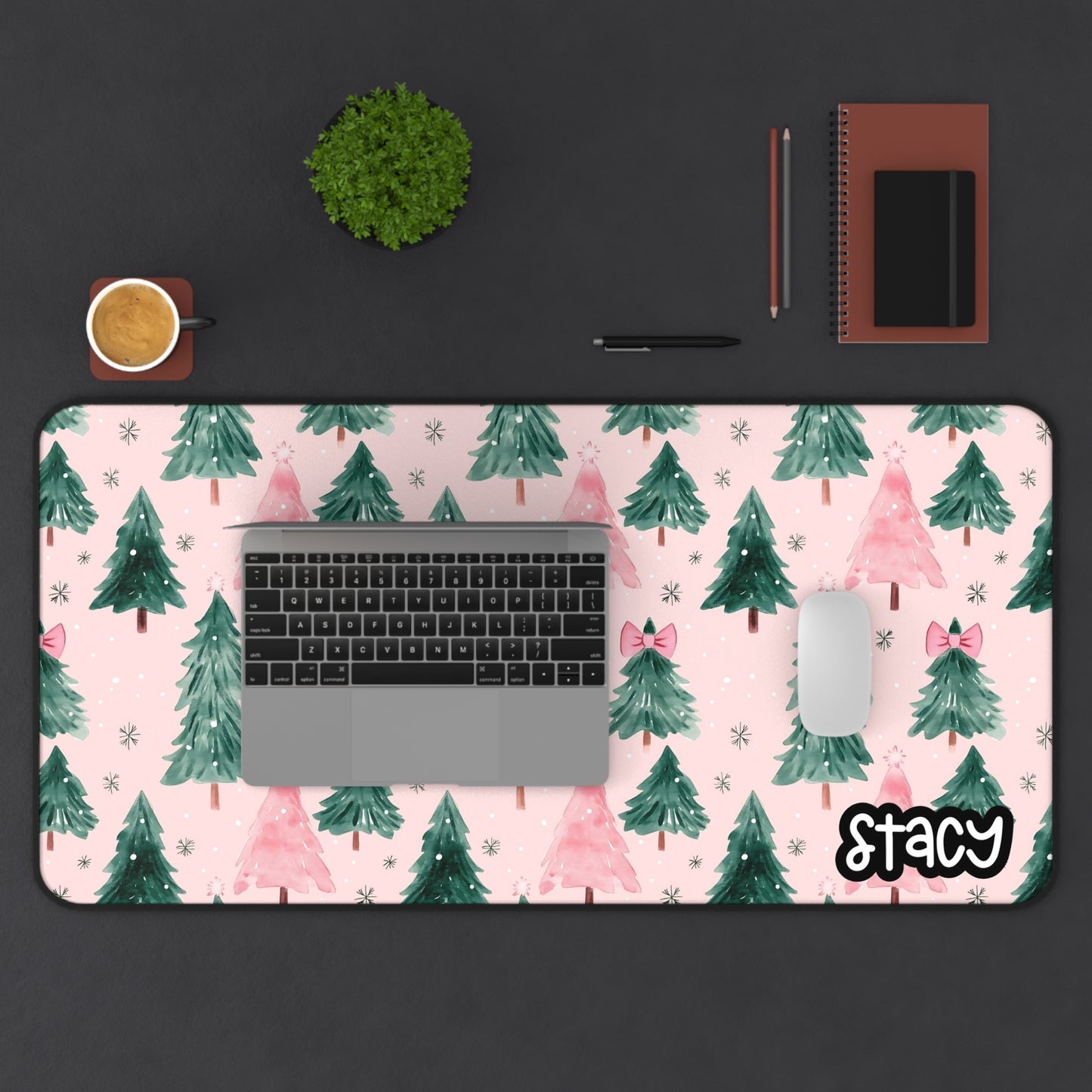Christmas Trees with Pink Bows Desk Mat | Pink Christmas Desk Mat