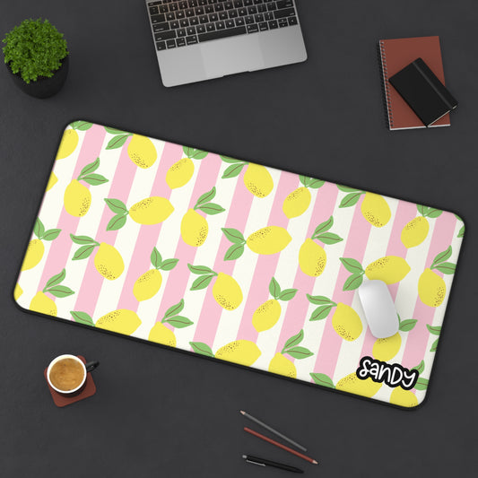 Lemon Stripe Desk Mat — Sunny Pink Lemon Pattern Desk Mat