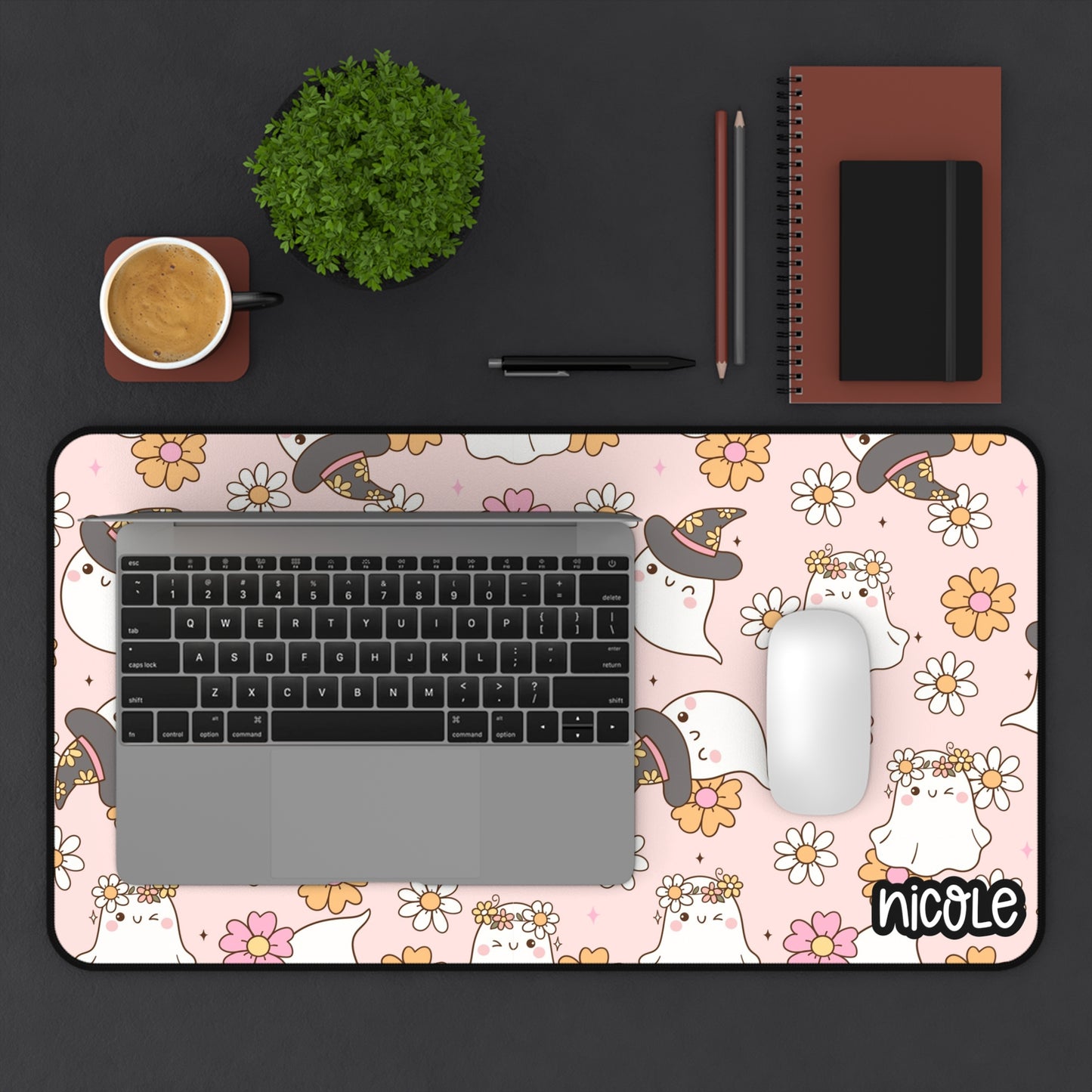 Pink Ghosty Desk Mat, Cute Ghost Desk Mat with Floral Design, Office Decor, Gamer Desk Pad, Personalized Mat, Halloween Gift, Home Office Accessories