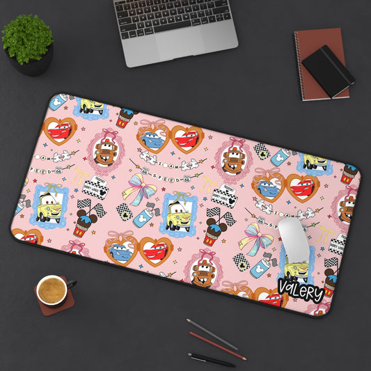 Coquette Cars Pink Pattern Desk Mat | Cute Cars Mousepad | Cute Lightning & Friends Desk Mat