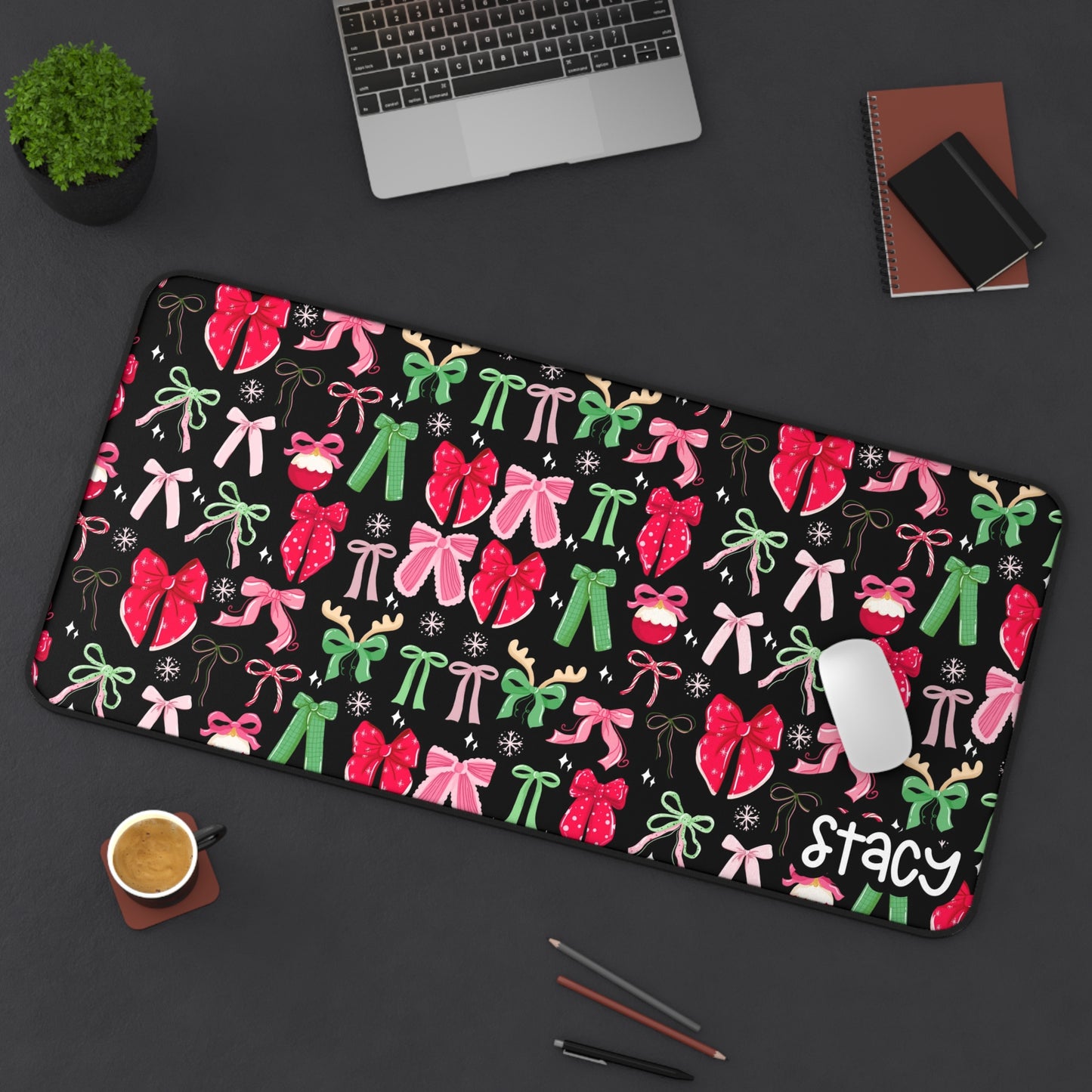 Coquette Christmas Bows Desk Mat with Personalized Name