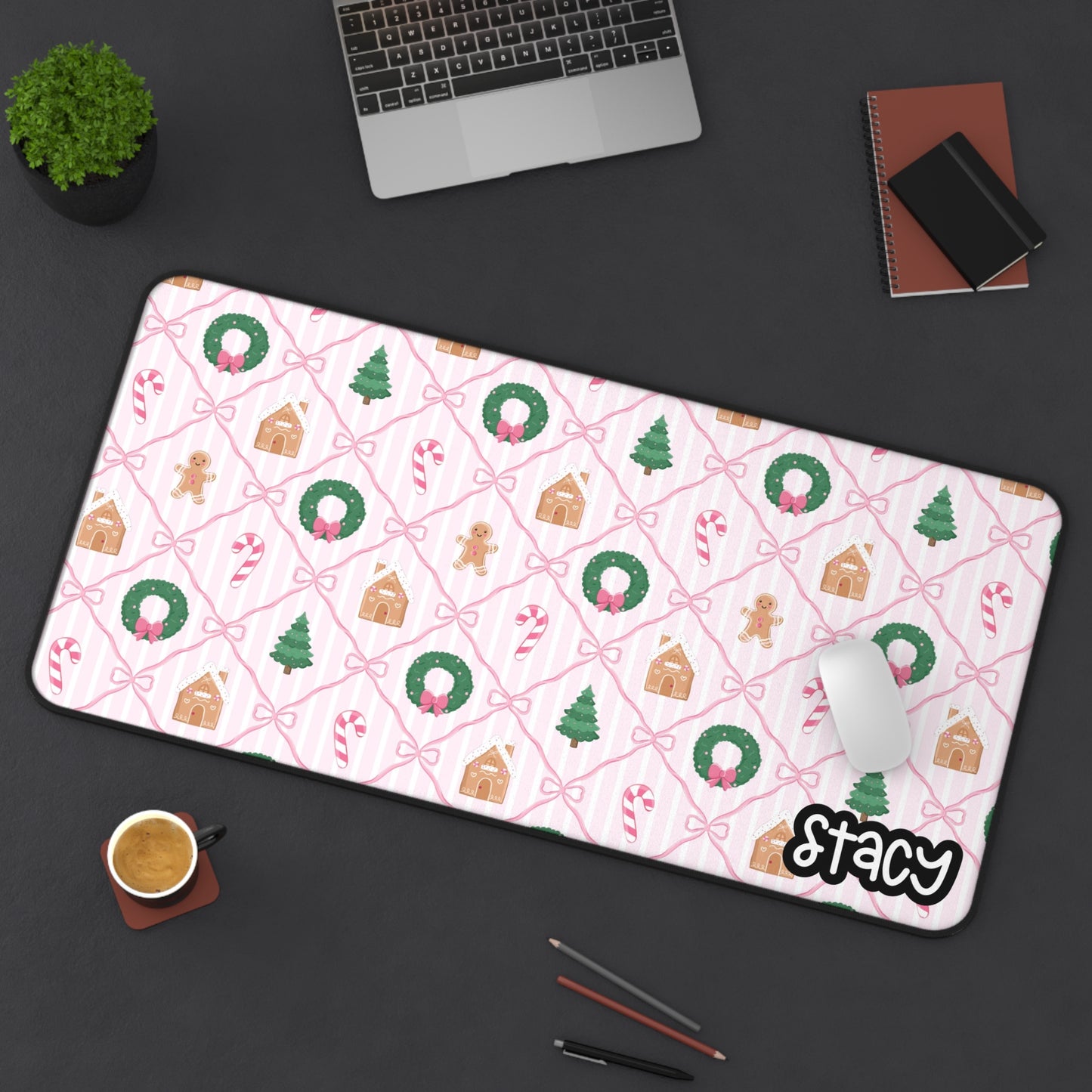 Pink Coquette Holiday Desk Mat with Personalized Name