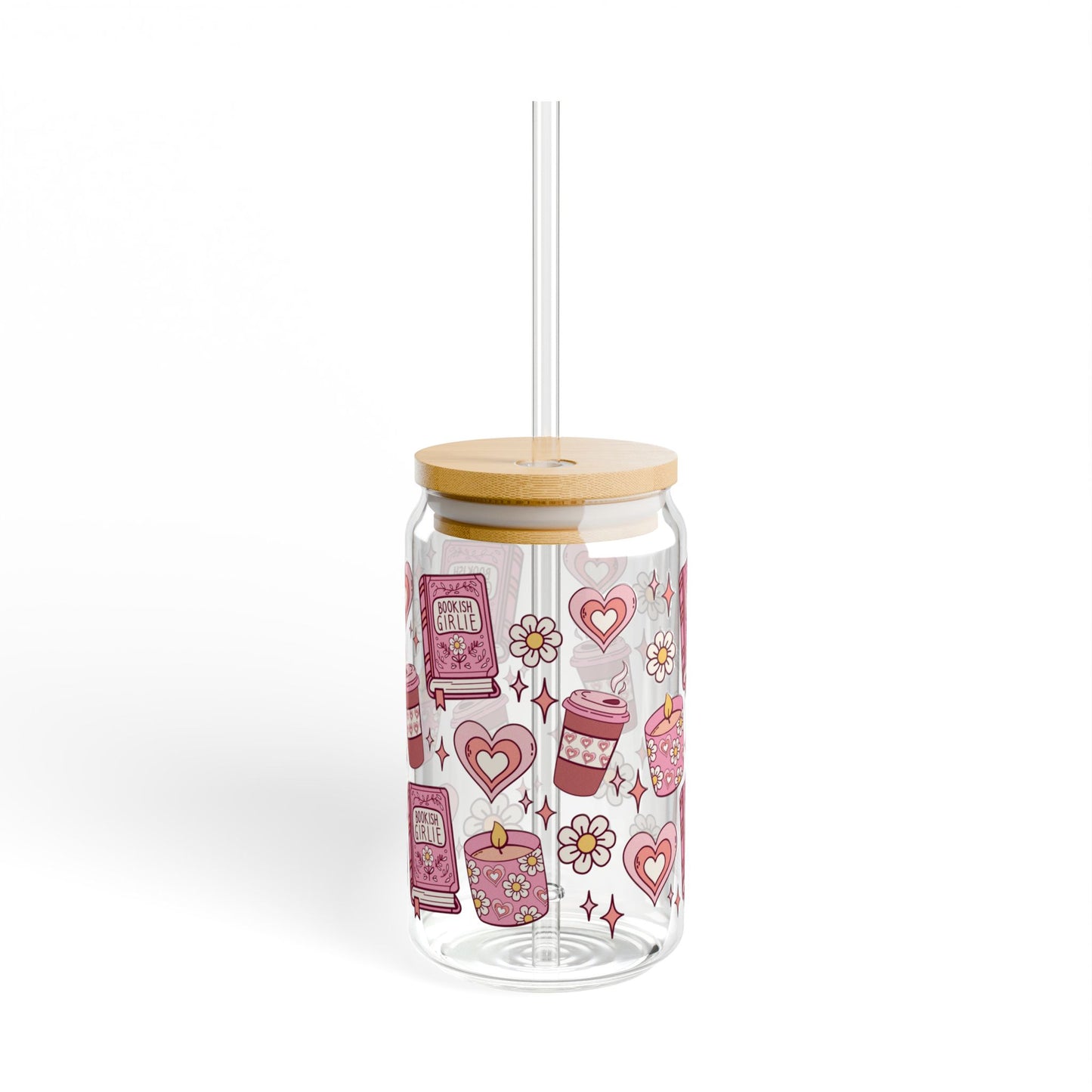 Book Lover Pink Coquette Glass Cup, 16oz | With Lid & Straw