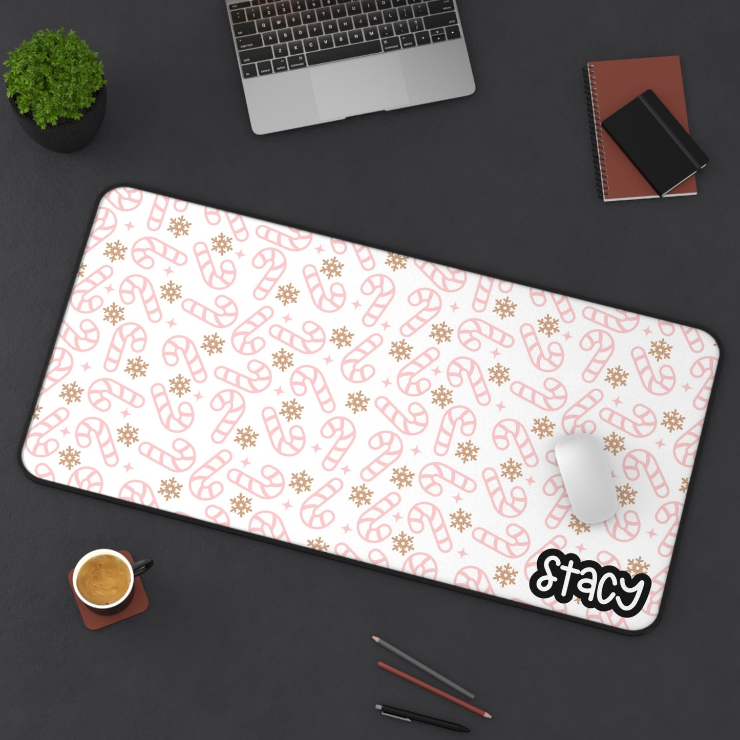 Pink Candycane & Gold Snowflakes Desk Mat