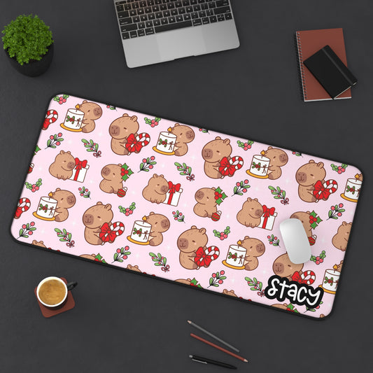 Cute Christmas Capybara Desk Mat (pink) with Personalization
