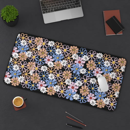 Spring Flowers Desk Mat Black | Cute Desk Pad