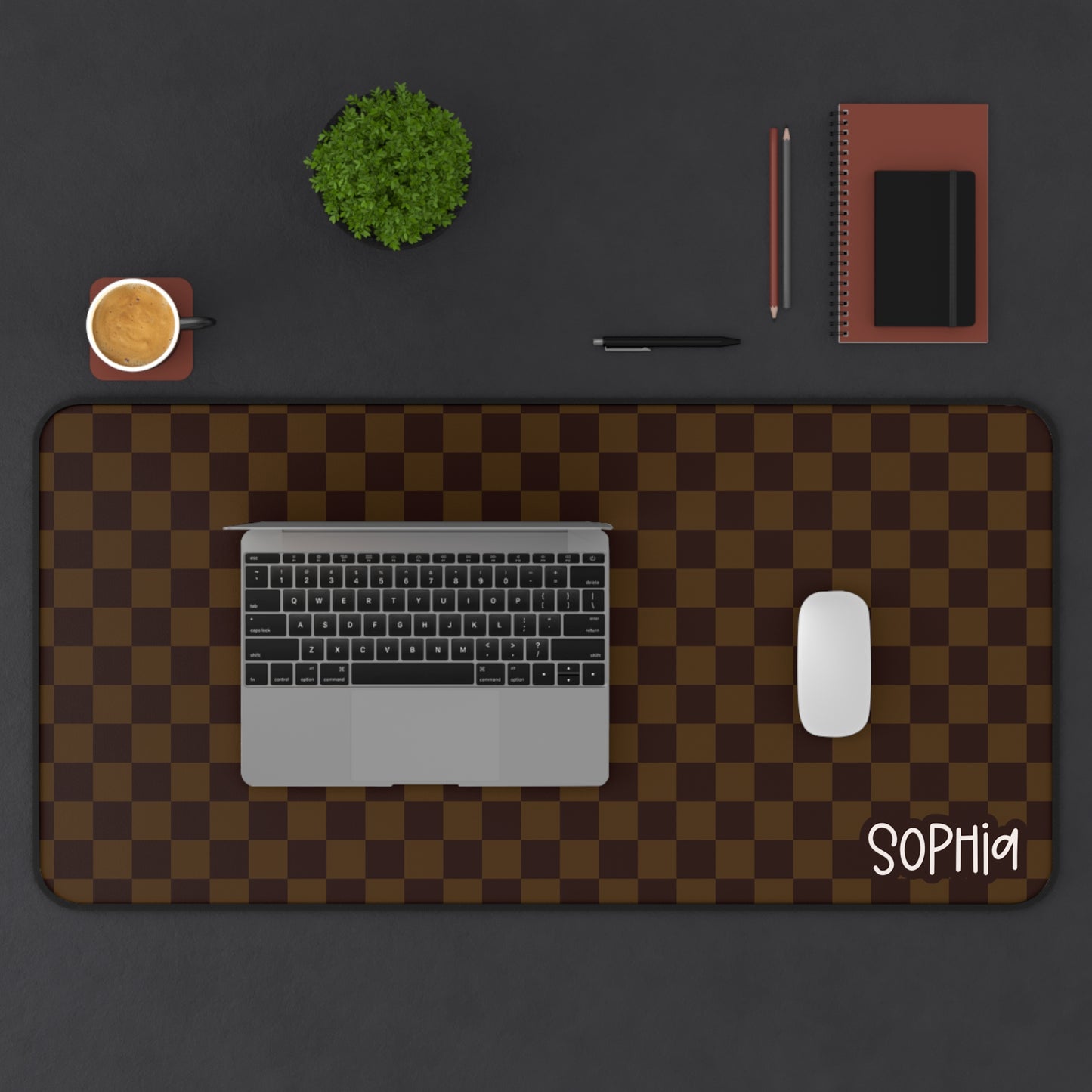 Checkerboard Brown Personalized Desk Mat — Custom Name Mouse Pad