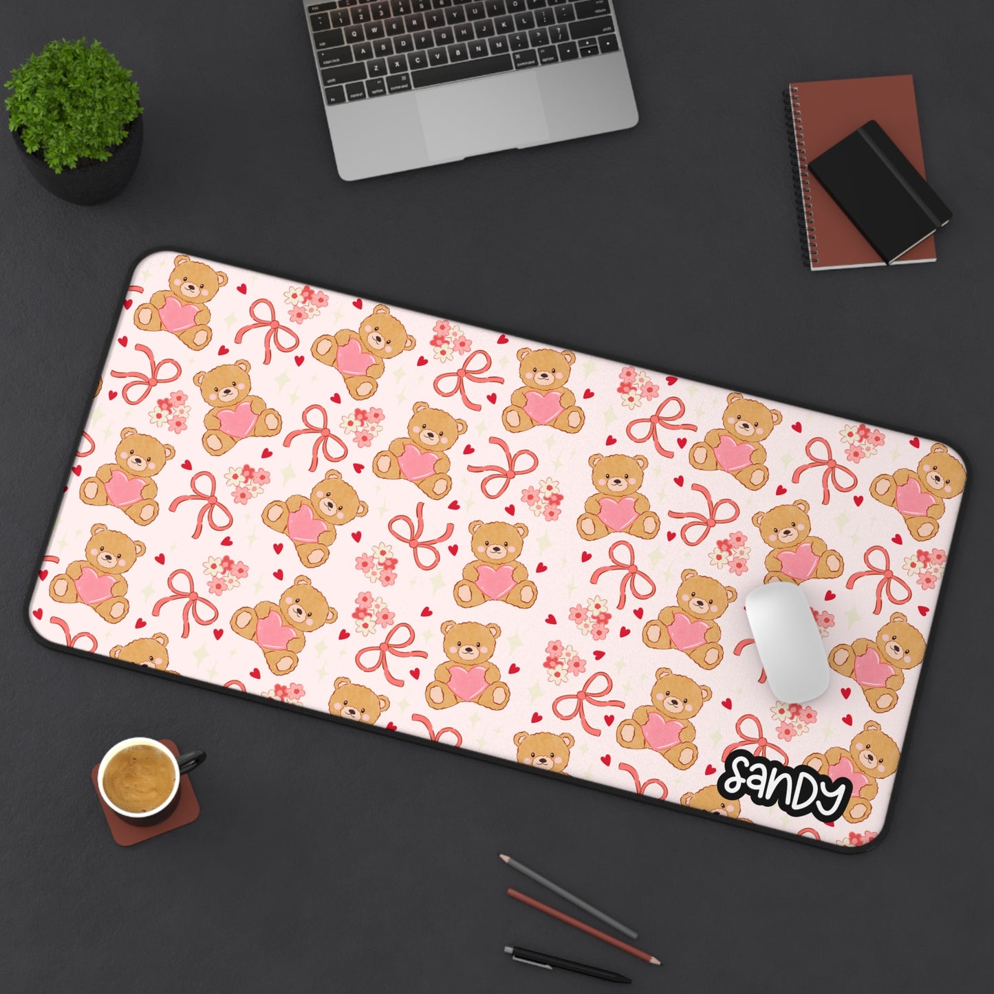 Cute Teddy Bears Desk Mat — Pink Hearts & Bows Mouse Pad