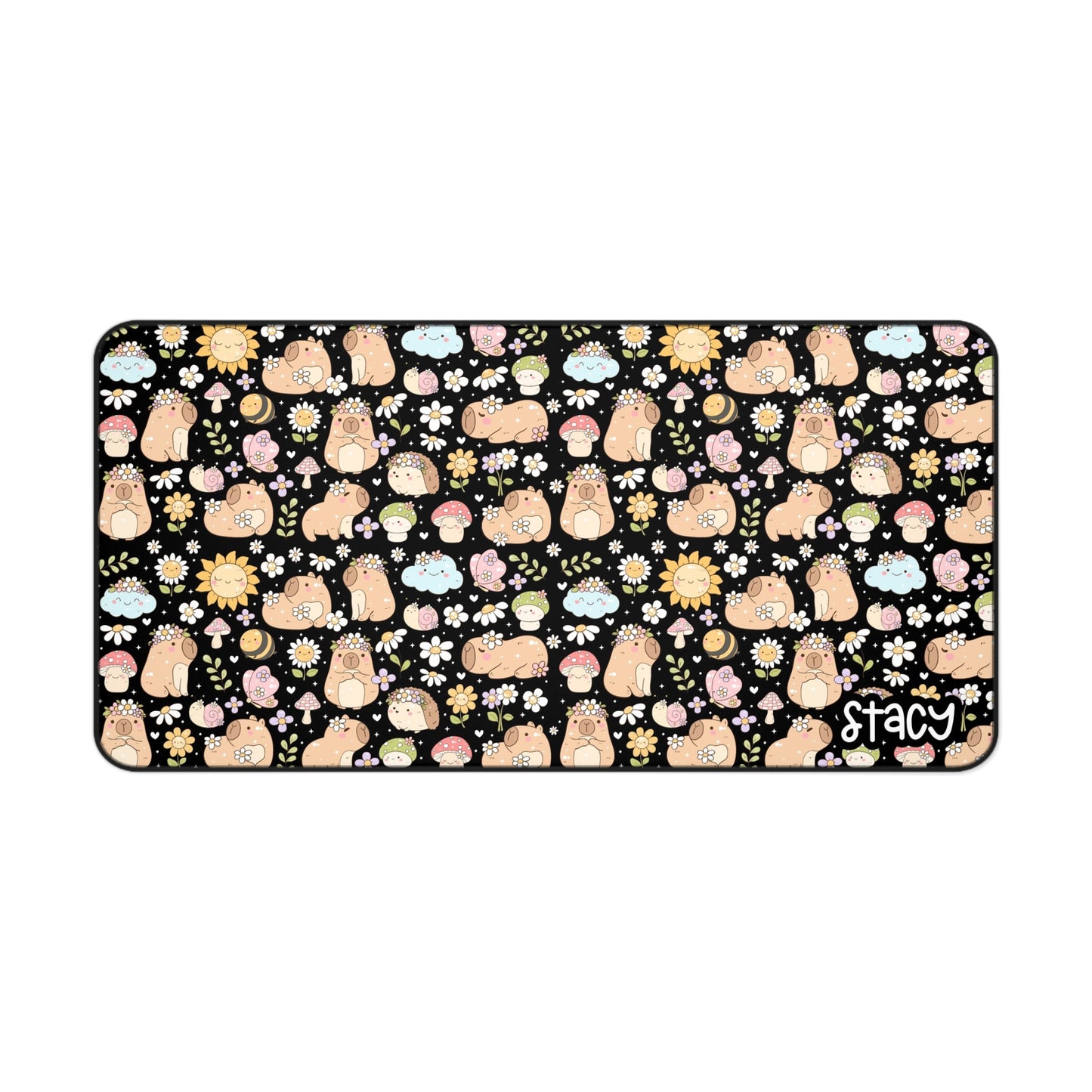 Cute Capybara Desk Mat with Floral Design (black)- Cute Personalized Desk Mat | Includes Free Tote Bag & Sticker (waterproof)