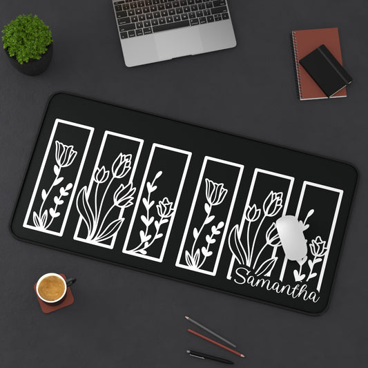 Personalized Black and White Floral Desk Mat | Cute Desk Pad