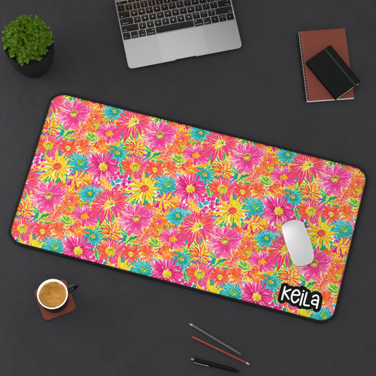 Personalized Cute Vibrant Pink & Yellow Floral Desk Mat | Cute Desk Pads