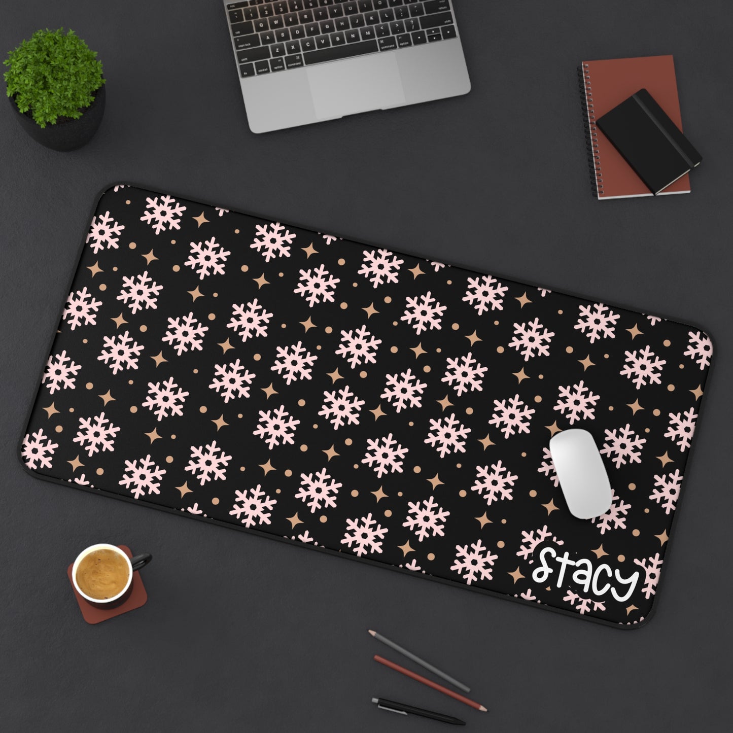 Pink Winter Snowflake Desk Mat for Home Office (black background)
