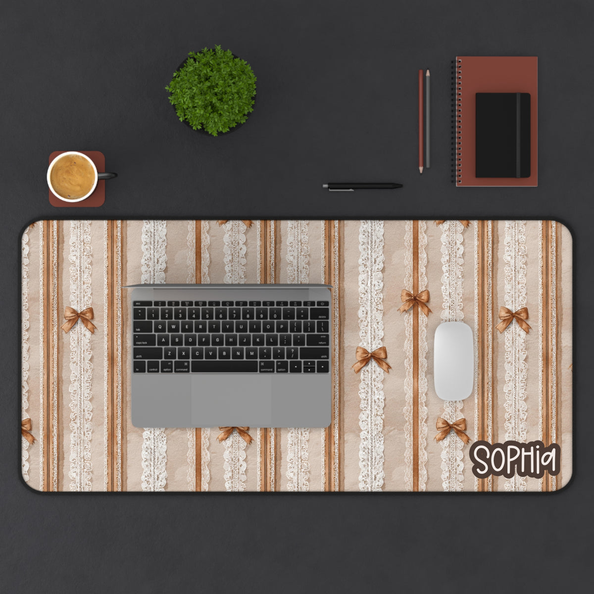 Brown Vintage Lace & Bows Desk Mat — Personalized Brown Cottagecore Mo ...