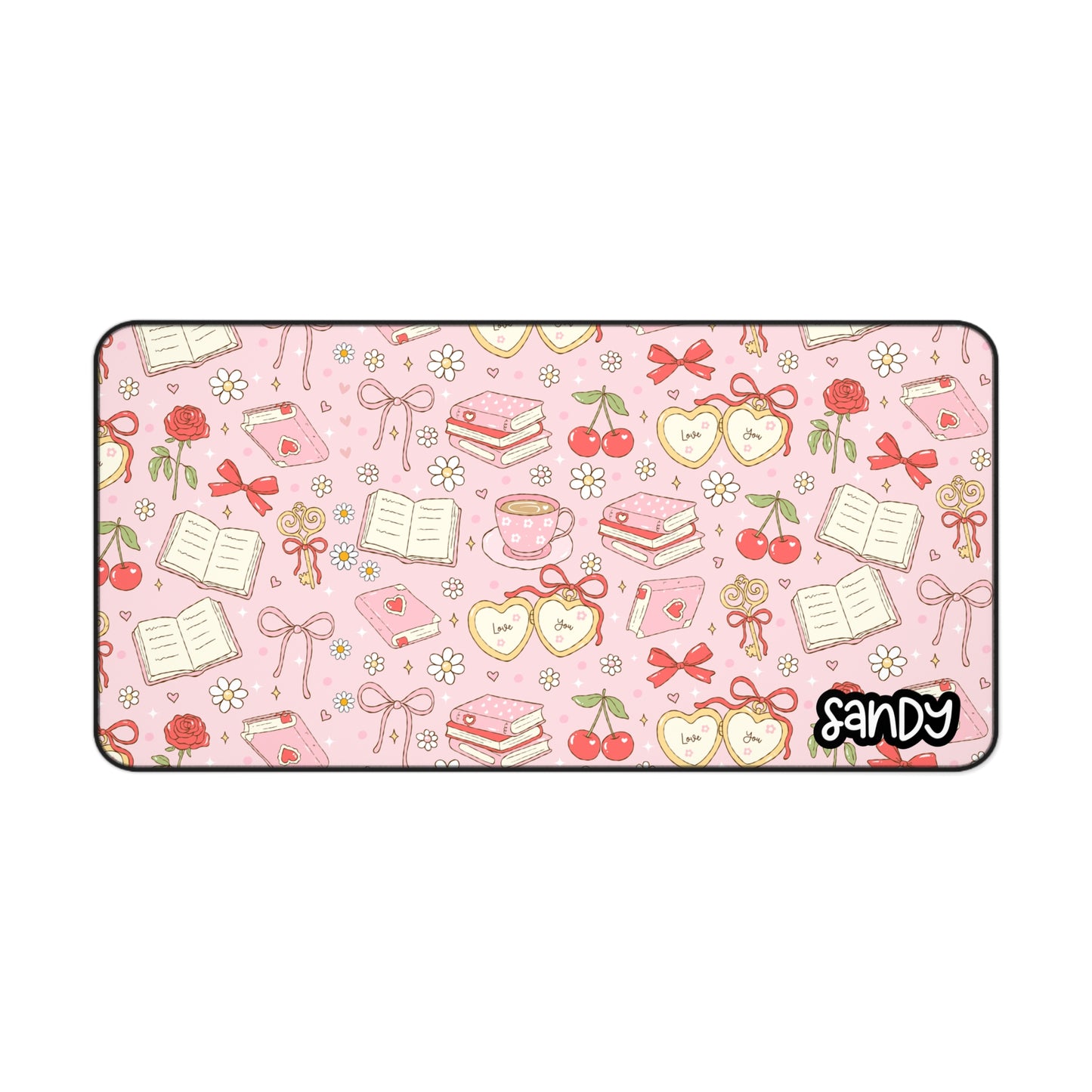 Bookish Cherry Pink Desk Mat — Cute Books, Tea & Cherry Pattern