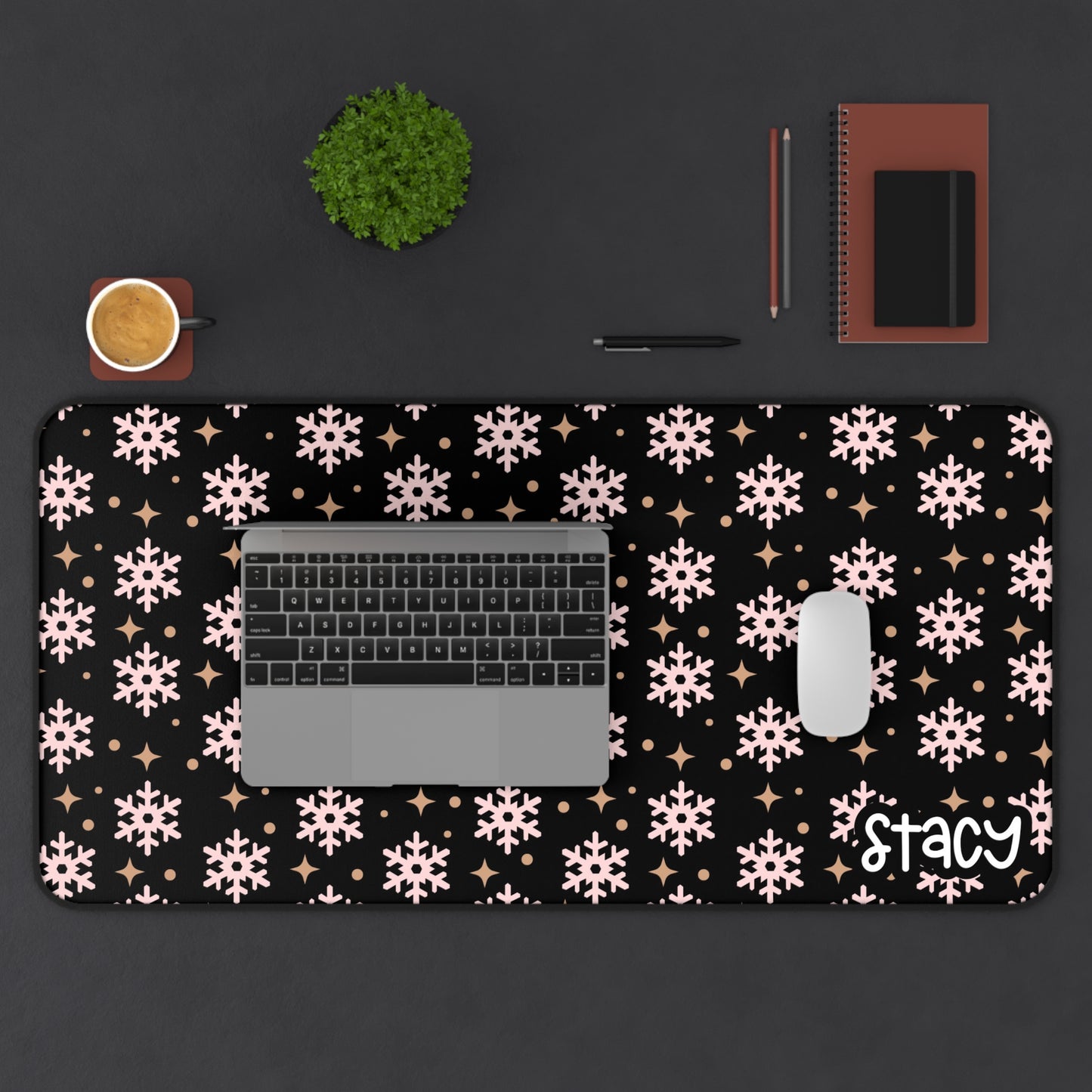 Pink Winter Snowflake Desk Mat for Home Office (black background)