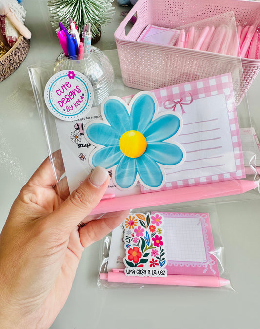 Cute Stationery Bundle – Sticky Notes Pad (25 Sheets), Pen & Sticker | Desk Gift Set | Free Shipping