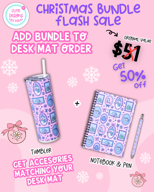 Add this bundle to your Christmas desk mat order and get it for 50% off - includes 20oz insulated skinny tumbler, notebook & pen matching your desk mat design (original value $51 - 50% discount applied at checkout)