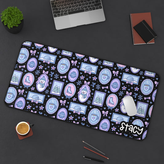 Coffee & Snowman Themed Desk Mat (black) | Whimsical Desk Mat with Playful Patterns