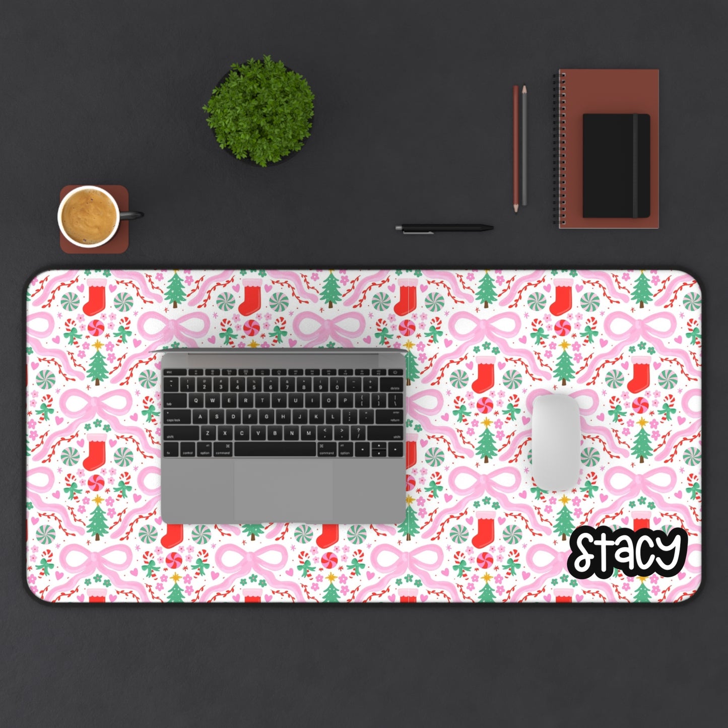 Pink Christmas Desk Mat | Coquette Christmas Tree & Stockings Desk Mat