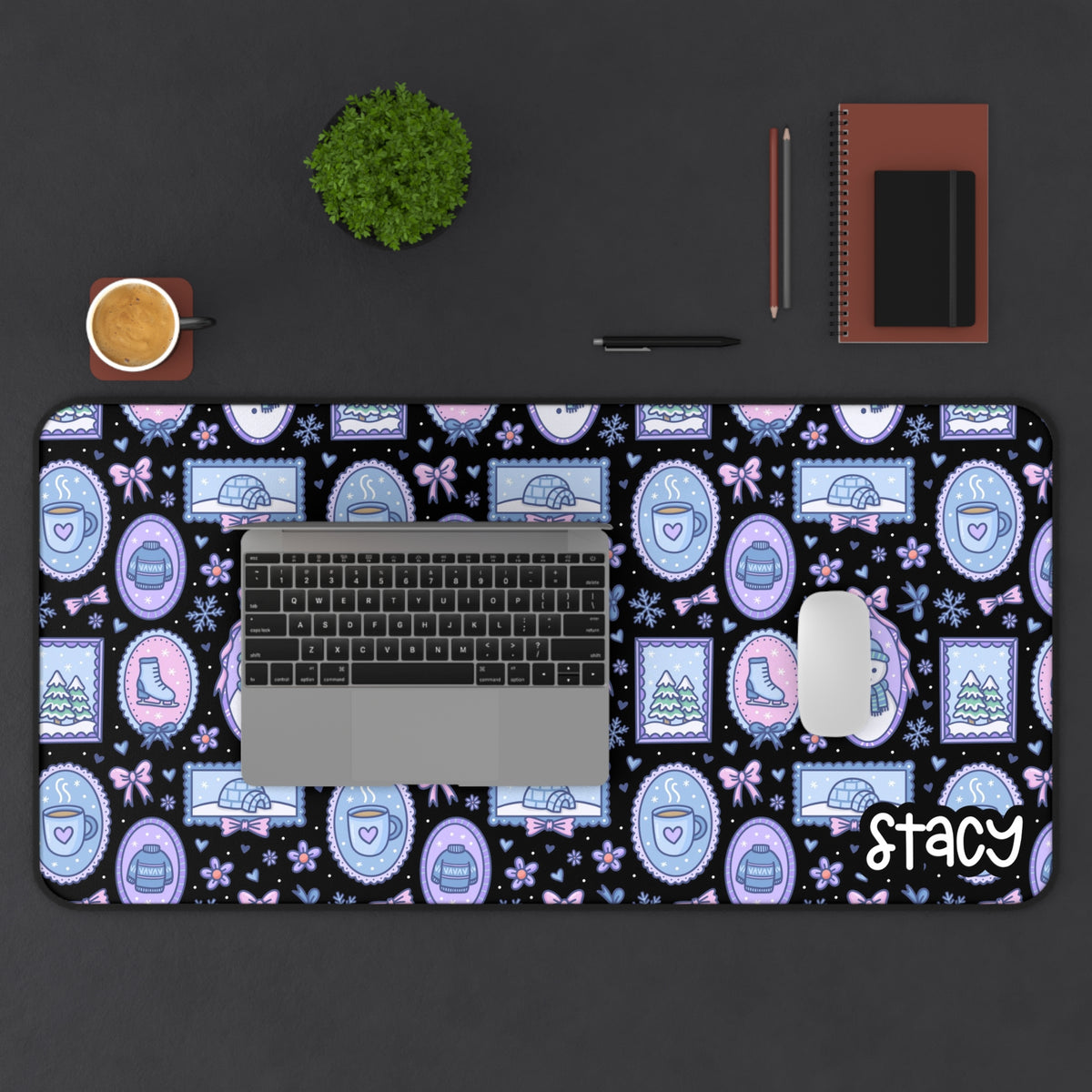 Coldtop Coffee & Snowman Themed Desk Mat (black) | Whimsical Desk Mat with Pla ...