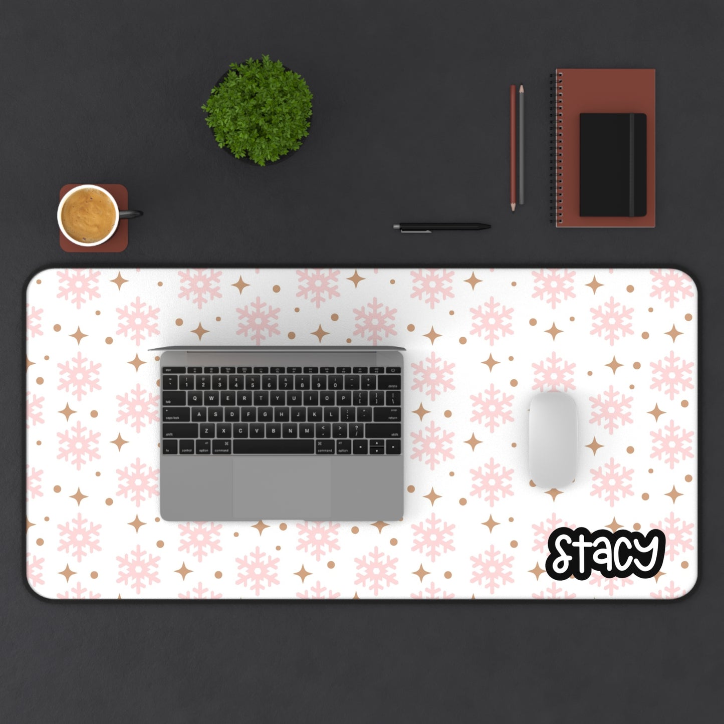White Christmas Pink Snowflakes Desk Mat