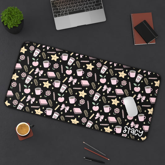 Cute Teacher Themed Desk Mat Black, Charming Desk Mat with Cute Stationery Design, Office Decor, Custom Desk Accessories, Gift for Students, Aesthetic Work Space