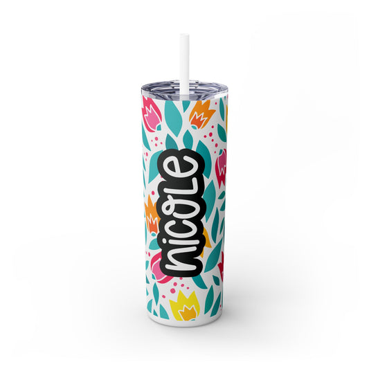 Personalized Floral Skinny Tumbler with Straw, 20oz